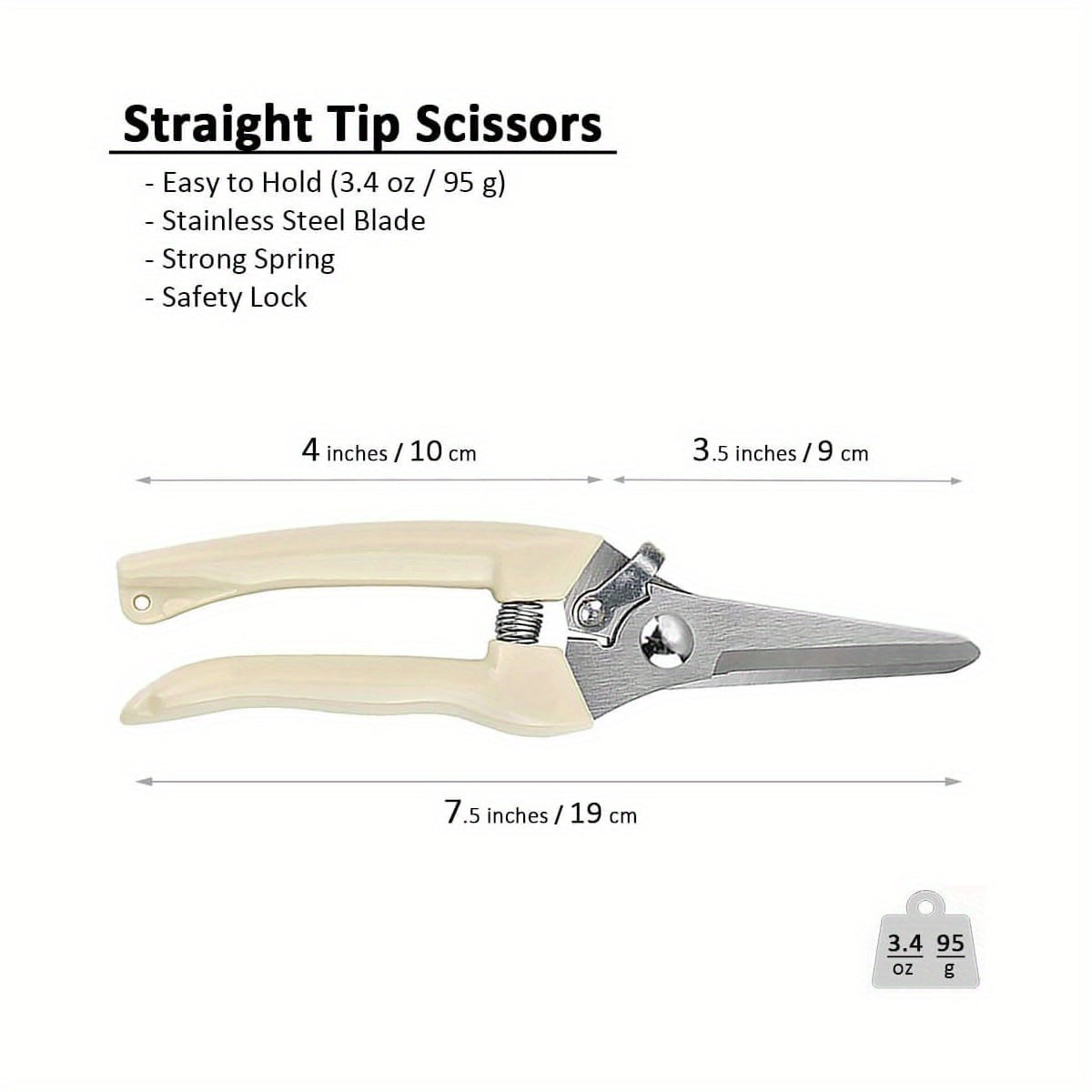 Straight tip scissors with measurements and features listed on a white background