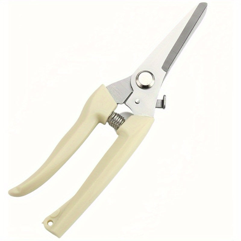 Pair of garden shears with beige handles on a white background