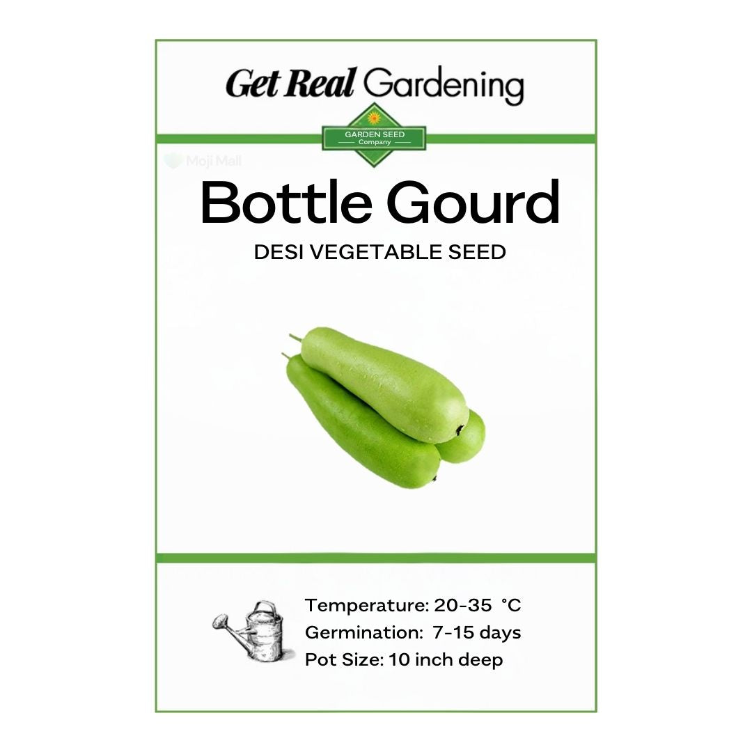 Bottle gourd seed packet with green gourds on a white background