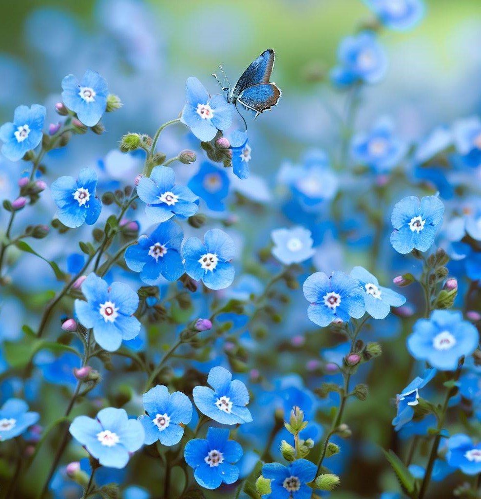forget-me-not Blue flowers with a butterfly in a natural setting