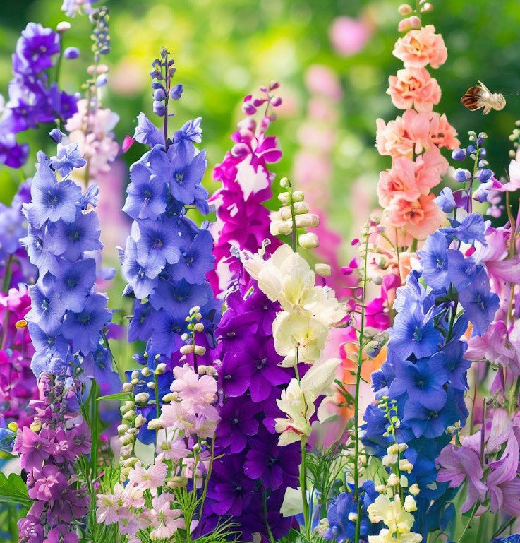 Colorful Rocket larkspur flowers including blue, purple, pink, and white in a garden setting.