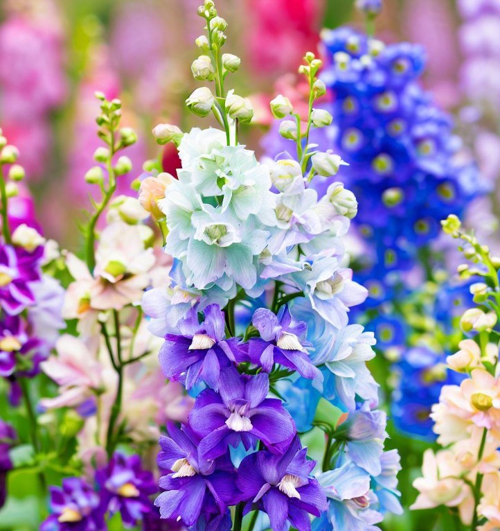 Colorful Rocket larkspur flowers in a garden setting with a focus on blue and purple hues.