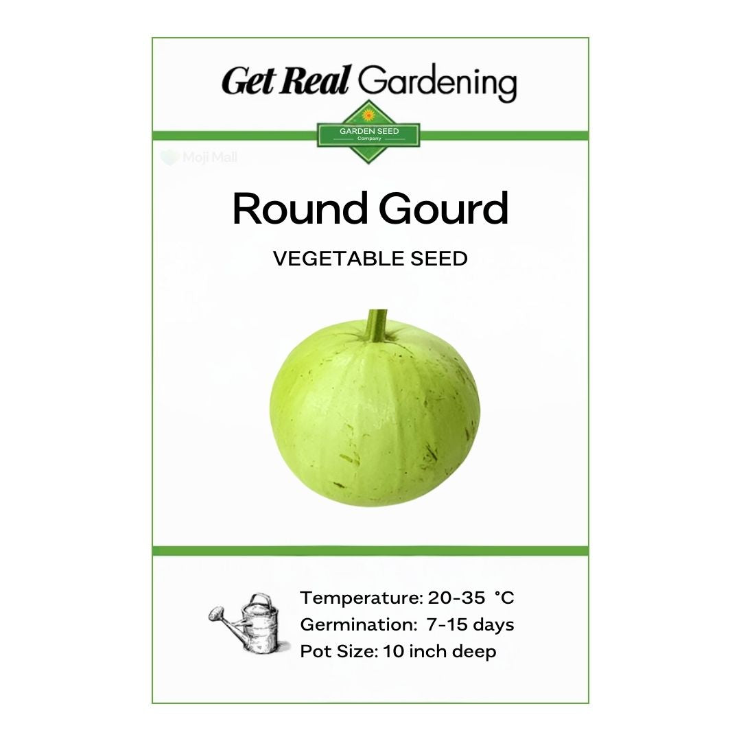 Round Gourd seed packet with a green gourd illustration and branding on a white background