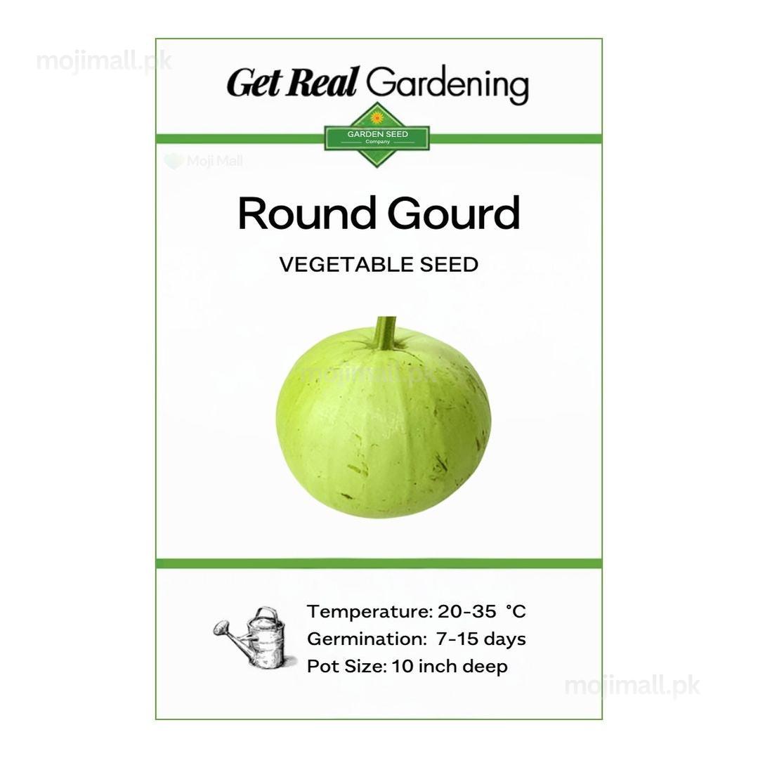 Round Gourd seed packet with a green gourd illustration and branding on a white background
