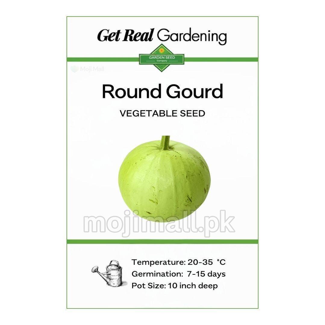 Round Gourd seed packet with a green gourd illustration and branding on a white background