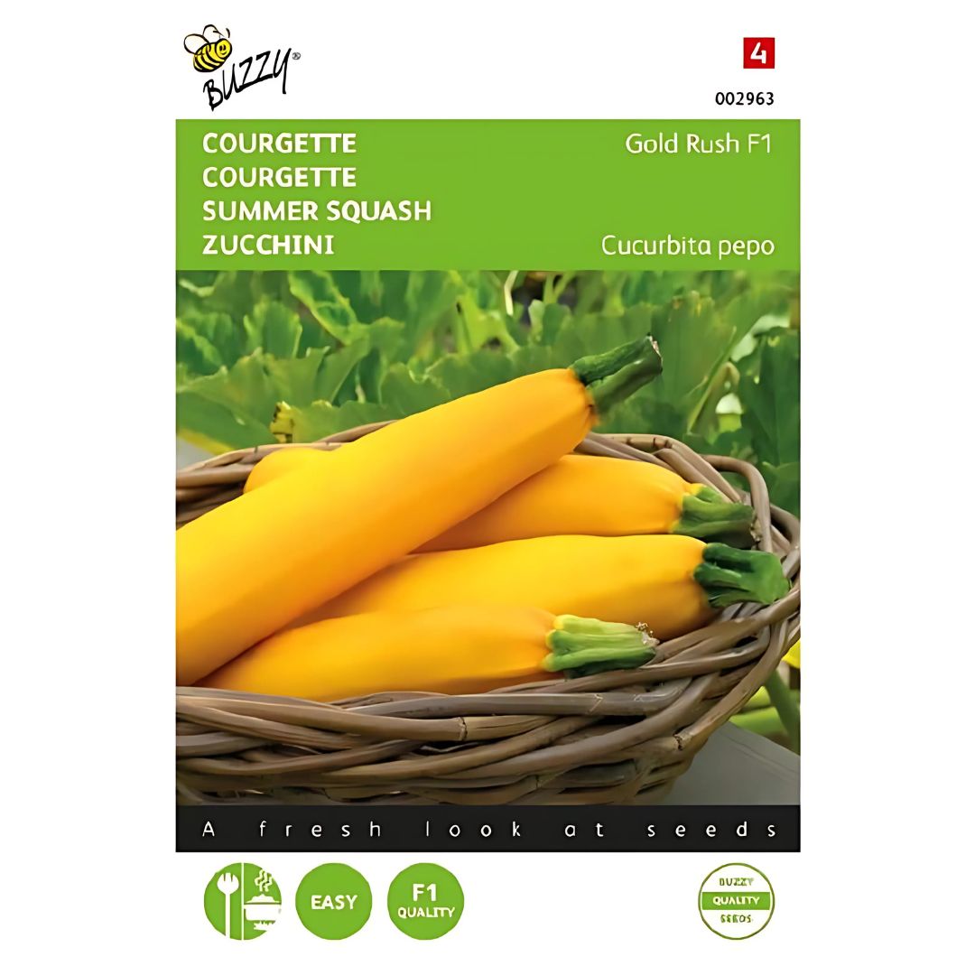 Buzzy Zucchini seed packet with yellow squash in a basket on a white background