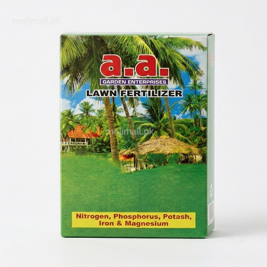 Lawn fertilizer package with palm trees and a hut on a white background