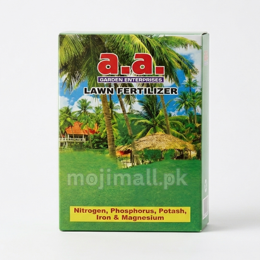 Lawn fertilizer package with palm trees and a hut on a white background