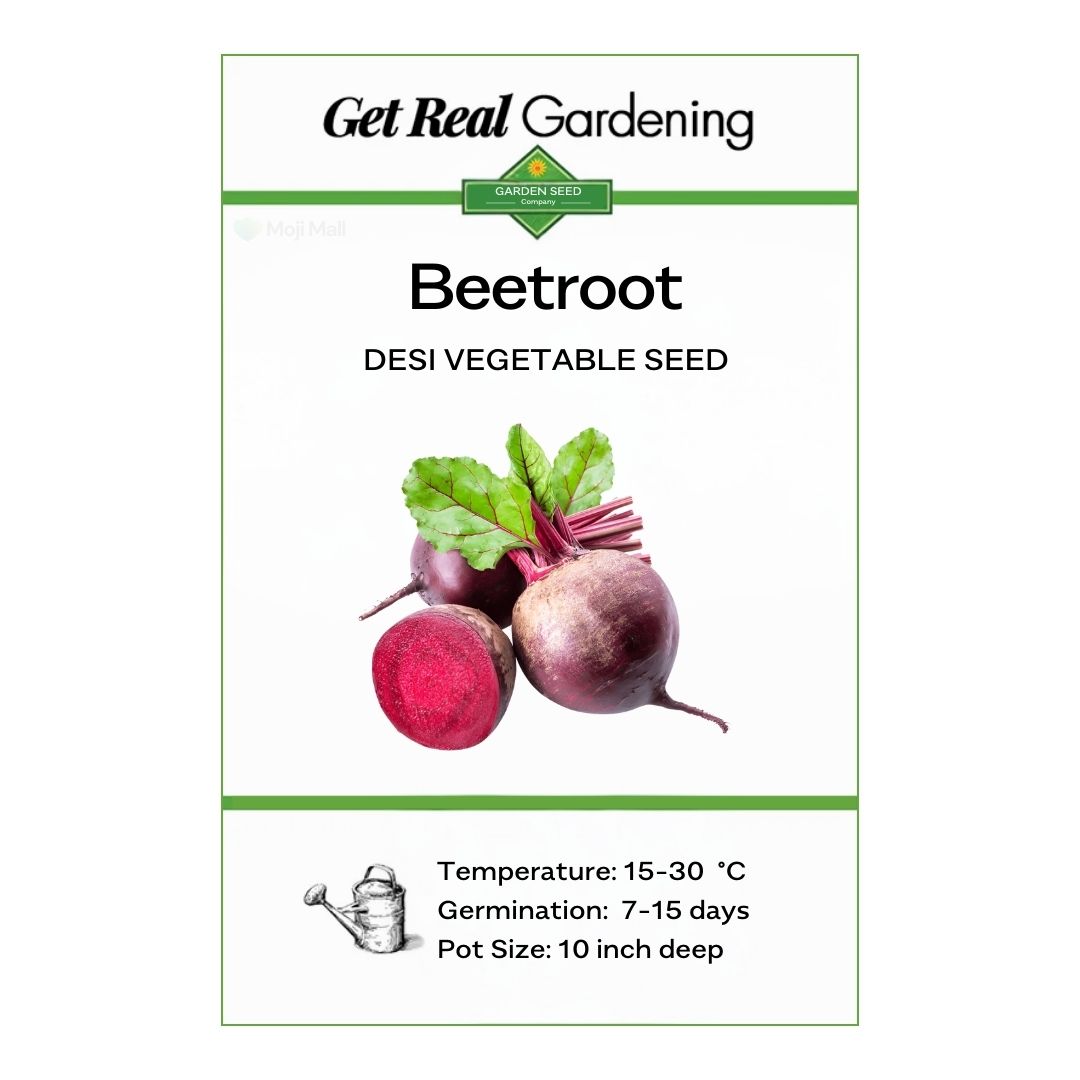 Beetroot seed packet with branding and product details on a white background