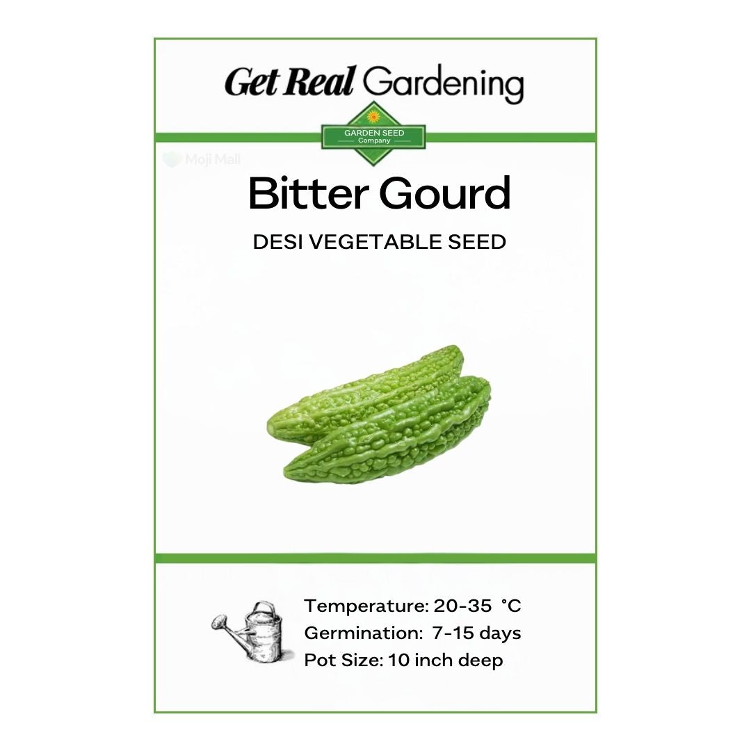 Bitter gourd seed packet with branding and product details on a white background
