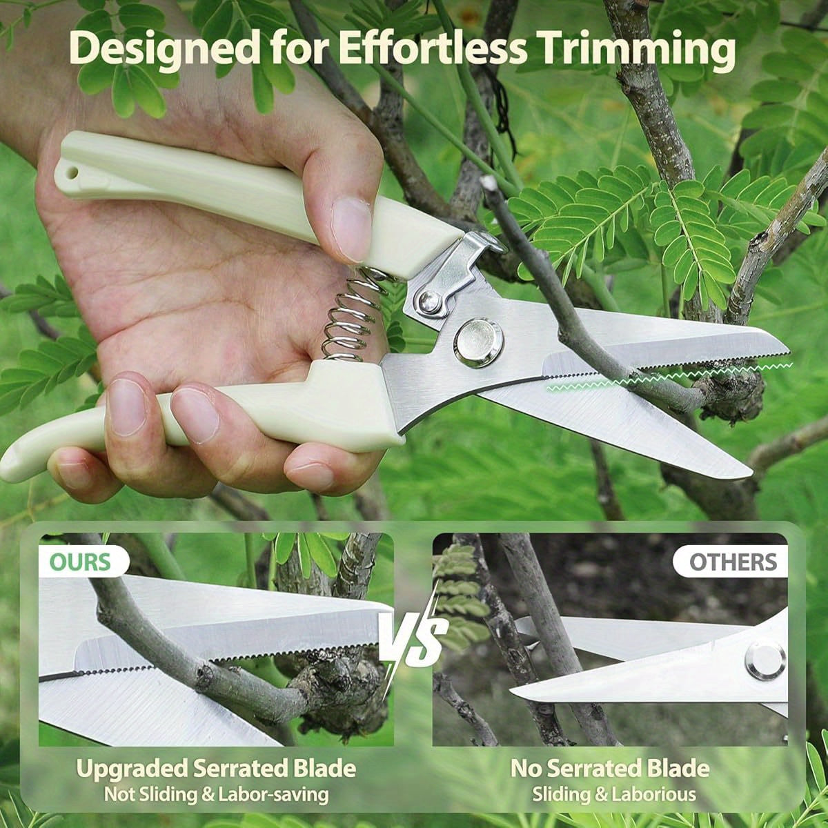 Hand holding a pair of pruning shears with text 'Designed for Effortless Trimming' and 'Upgraded Serrated Blade' against a green leafy background.