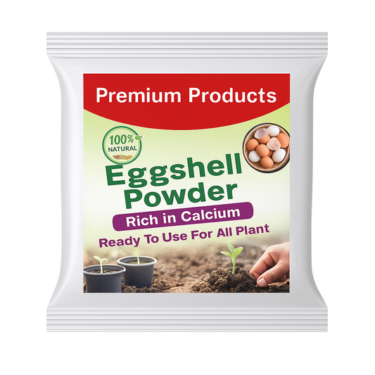Package of eggshell powder for plants with a hand planting a seedling.