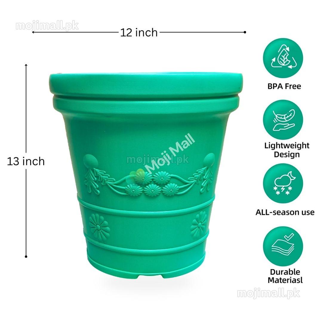 Green fibre pot with measurements and features on a white background