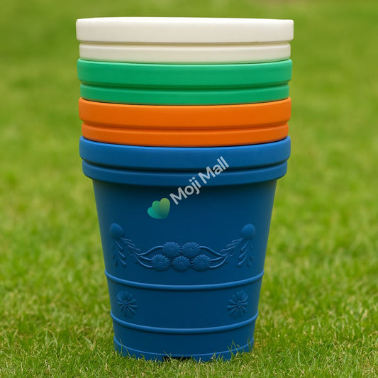 Stack of colorful fibre pots with 'Moji Mall' branding on a grass background