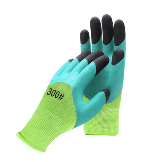 A pair of green latex-coated garden gloves with '300#' printed on the wrist area.