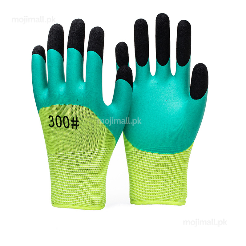 Pair of green and black gardening gloves on a white background