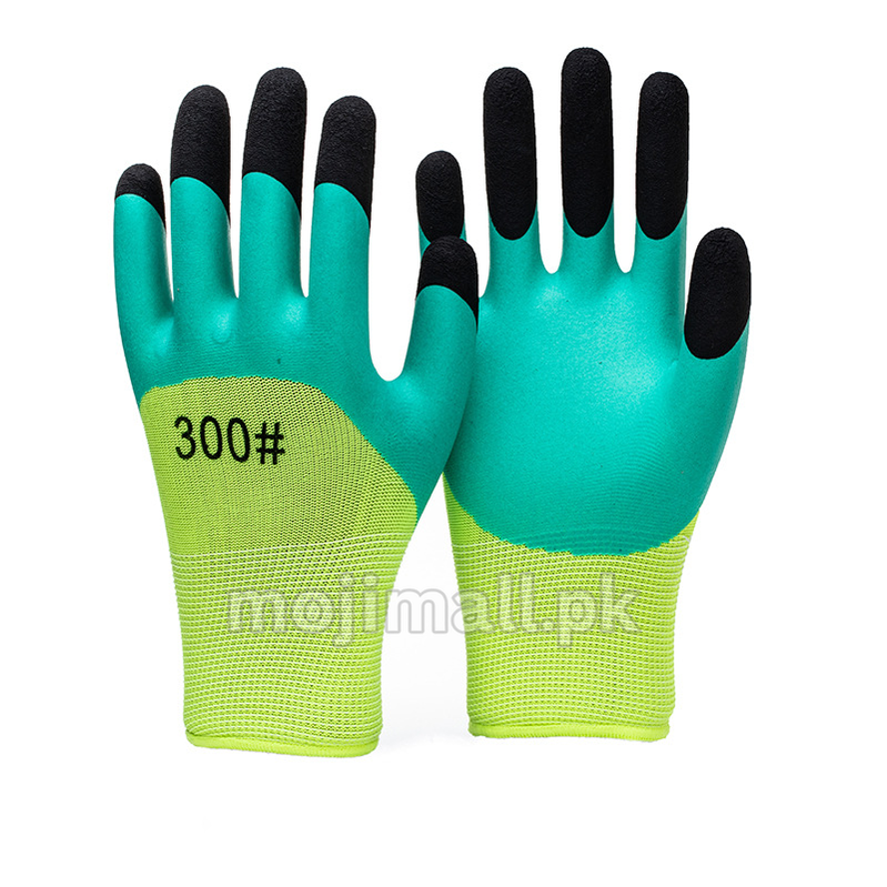 Pair of green and black gardening gloves on a white background