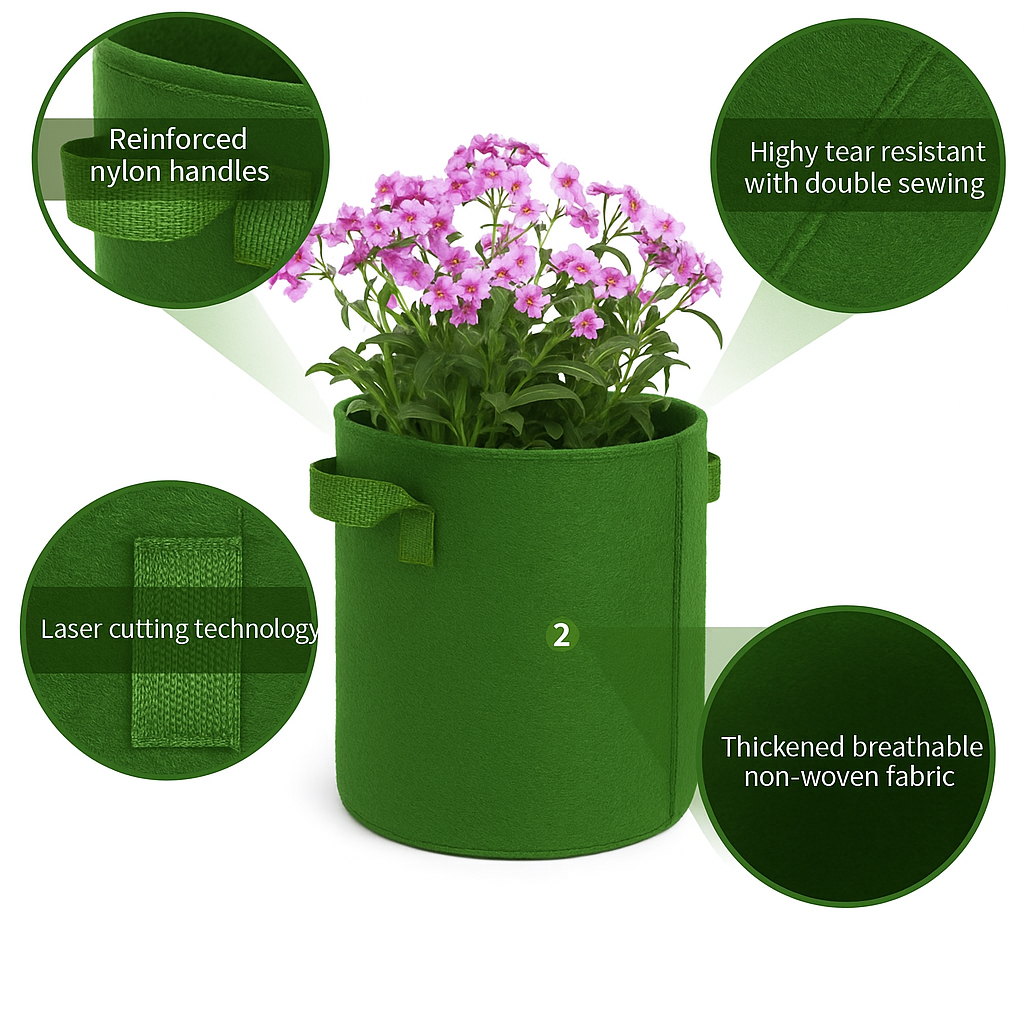 Green fabric grow bag showing details of quality and stitching