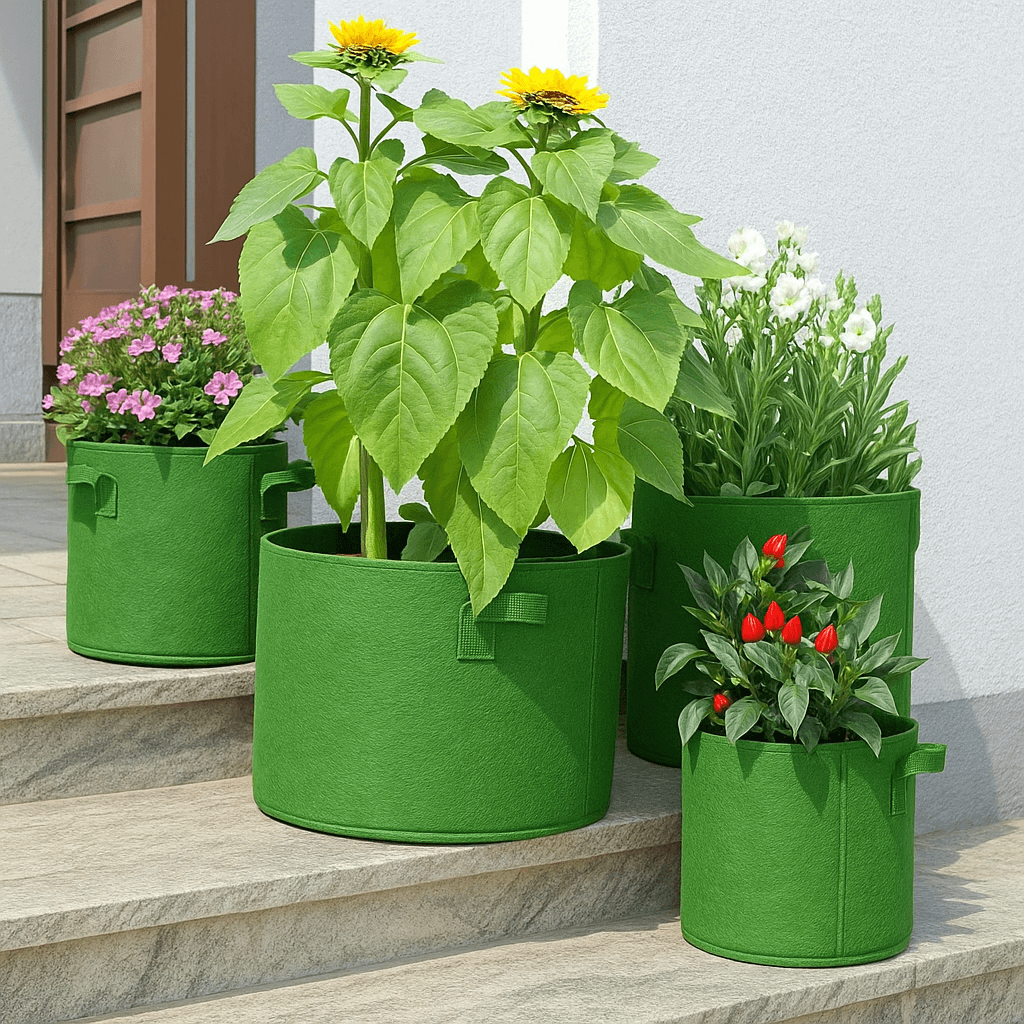 Healthy plants growing in green grow bags under natural sunlight
