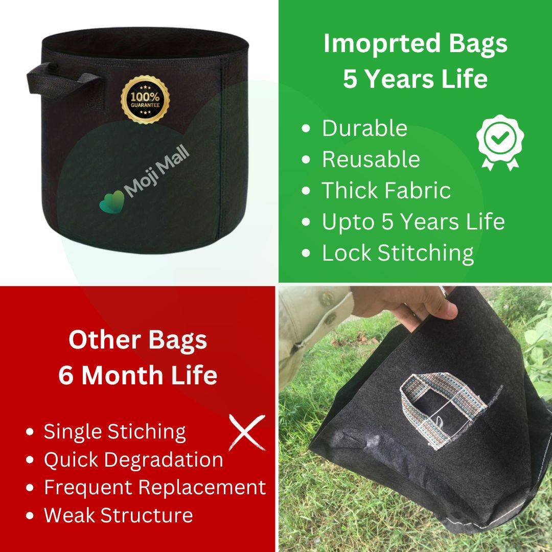Black fabric pot with Moji Mall branding, durability features listed, and comparison of imported vs. other bags.