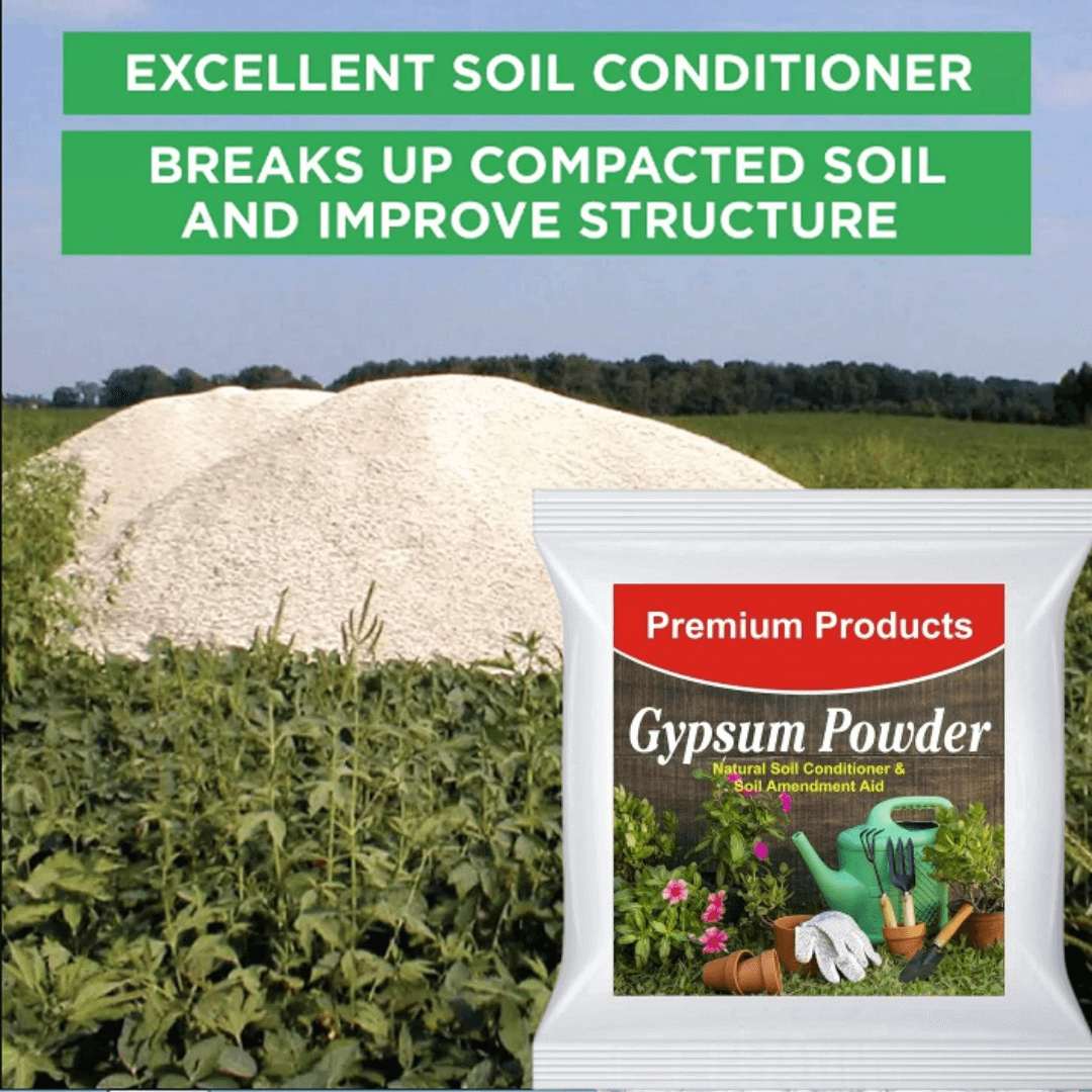 Gypsum powder package with text about soil conditioner in a field background