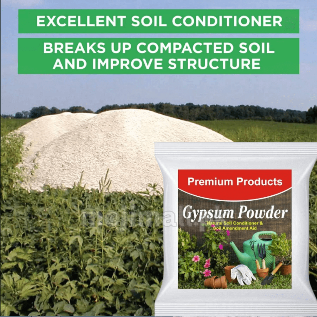 Gypsum powder package with text about soil conditioner in a field background