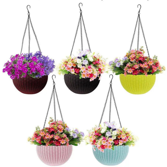 A collection of five hanging baskets with plants and flowers in assorted colors.