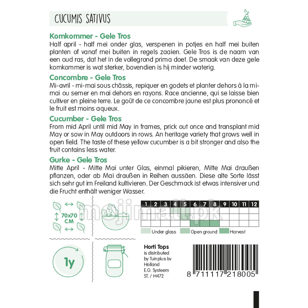 Back of Horti Tops Gele Tros yellow cucumber seeds packet at Moji Mall in Pakistan, with sowing instructions and calendar