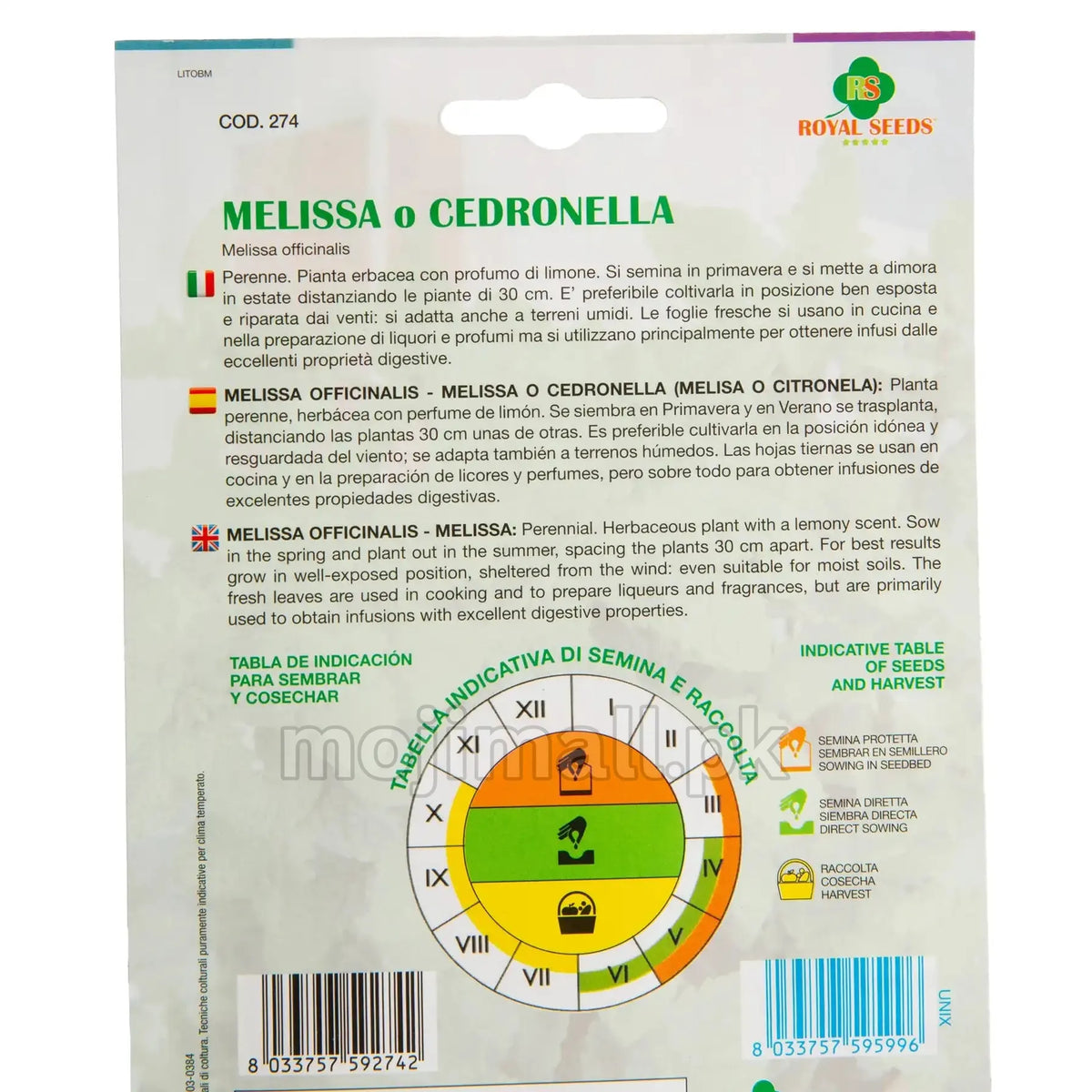 Close-up of Royal Seeds Lemon Balm seeds packet instructions and circular sowing calendar, listed by Moji Mall in Pakistan.