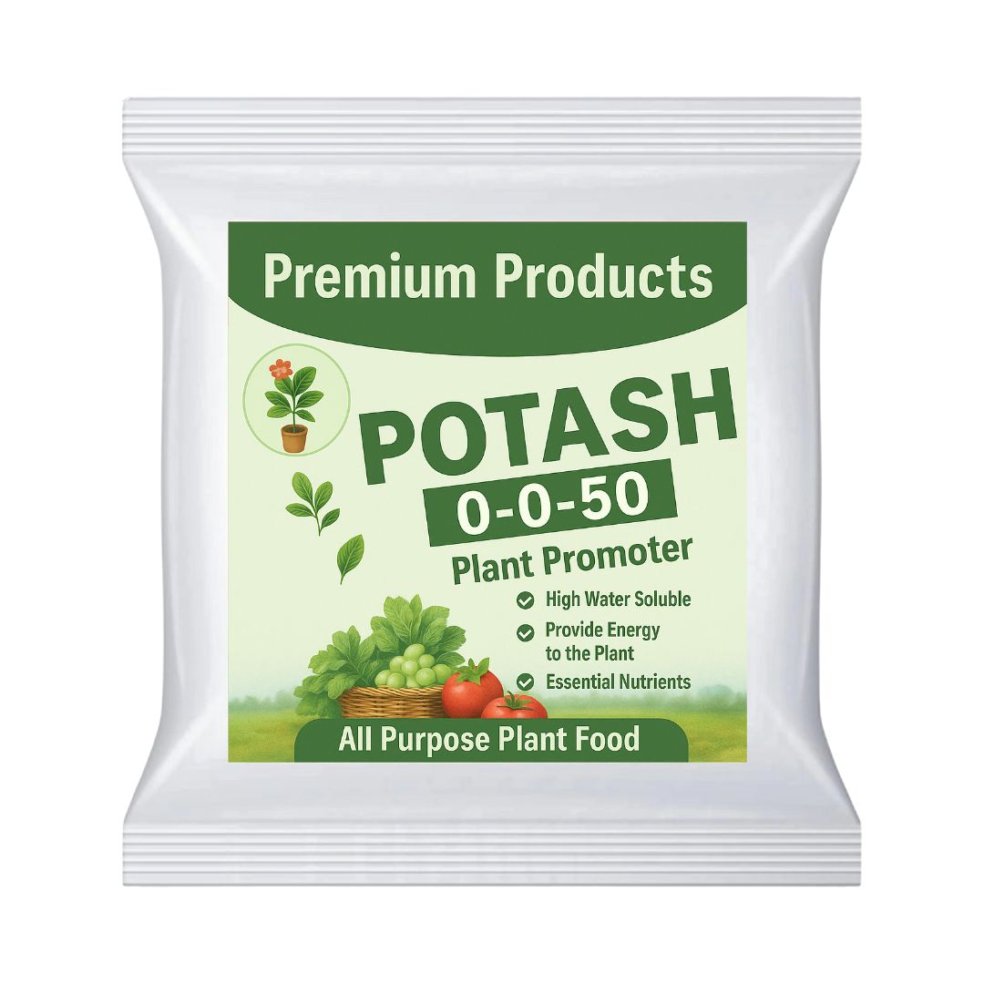 Package of premium potash plant food with a white background