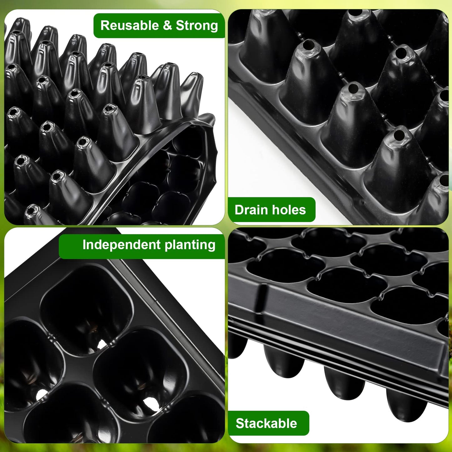 Black plastic seedling trays with features highlighted on a green background