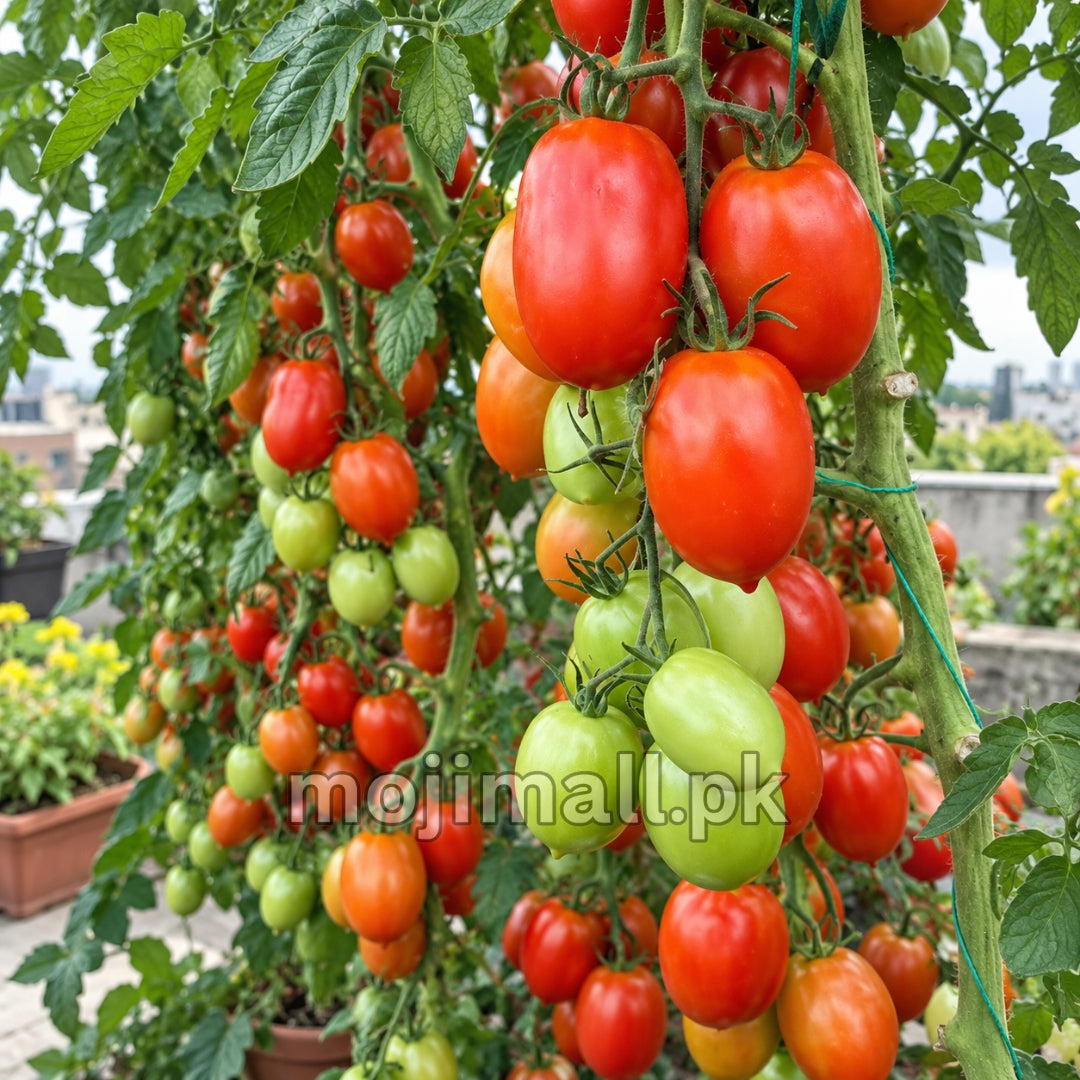 Moji Mall's tomato seed listing for Pakistan shows red and green oblong fruit hanging from supported vines beside pots
