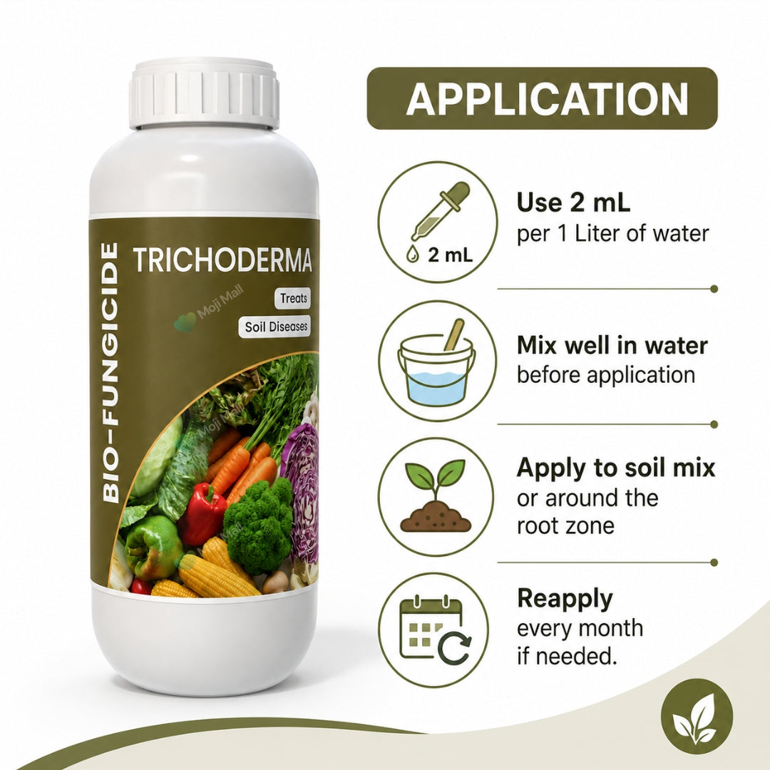 A bottle of Trichoderma bio-fungicide shown next to an 'Application' infographic on a white background. The infographic outlines how to use 2 mL per 1 Liter of water, mix it in well before application, apply to soil mix or around the root zone, and reapply every month if needed.