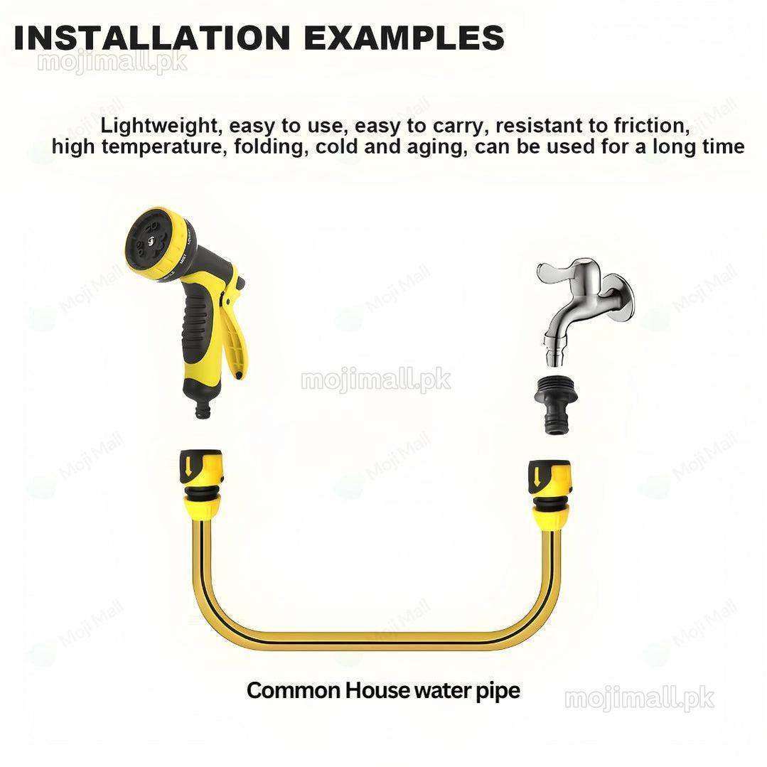 Yellow water hose with black nozzle and silver faucet on a white background, with text about product features.