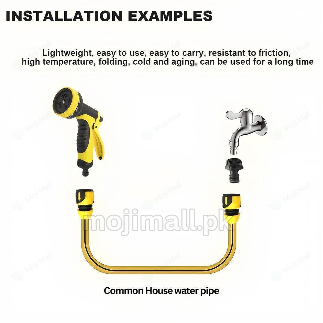 Yellow water hose with black nozzle and silver faucet on a white background, with text about product features.