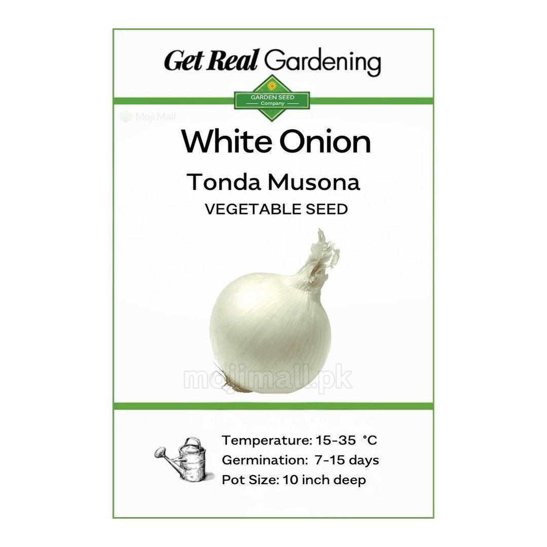White Onion Tonda Musona seed label with a white bulb image, pictured on Moji Mall’s white onion seeds listing in Pakistan