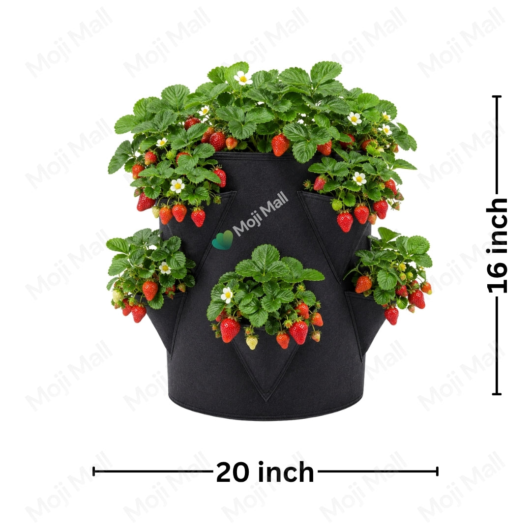 Black fabric vertical strawberry planter with three tiers, shown with growing strawberry plants, white flowers, and red strawberries. Includes dimension lines indicating 20 inch width and 16 inch height on a white background with Moji Mall watermarks.