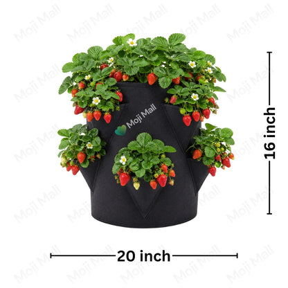 Black fabric vertical strawberry planter with three tiers, shown with growing strawberry plants, white flowers, and red strawberries. Includes dimension lines indicating 20 inch width and 16 inch height on a white background with Moji Mall watermarks.