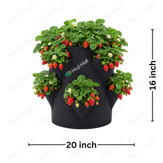 Black fabric vertical strawberry planter with three tiers, shown with growing strawberry plants, white flowers, and red strawberries. Includes dimension lines indicating 20 inch width and 16 inch height on a white background with Moji Mall watermarks.