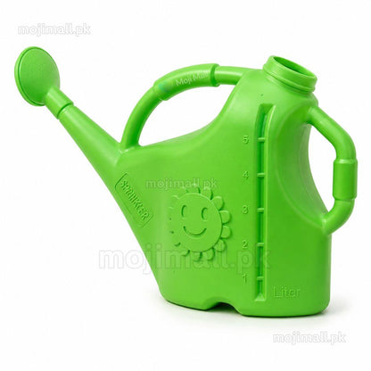 Green 5-litre watering can with a sprinkler rose for watering indoor and outdoor plants in Pakistan by Moji Mall.