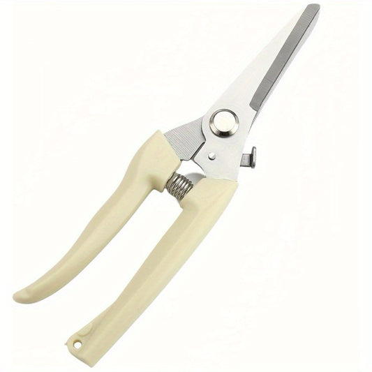 Pair of garden shears with beige handles on a white background