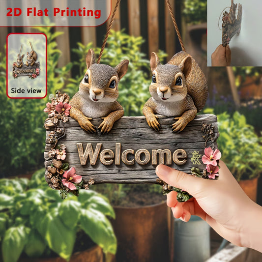 Squirrel Welcome Hanging Sign – Garden and Door Décor