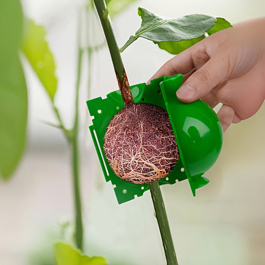 Hand using a Air Layering Cups green plant potting tool to handle a root ball of a plant.