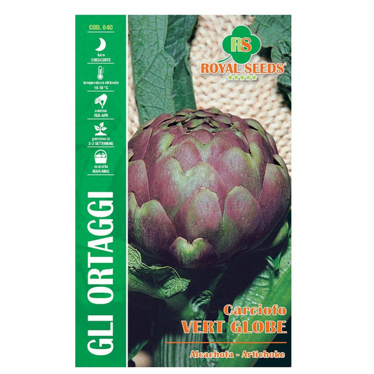 Royal Seeds artichoke seed packet with an image of an artichoke and brand logo.