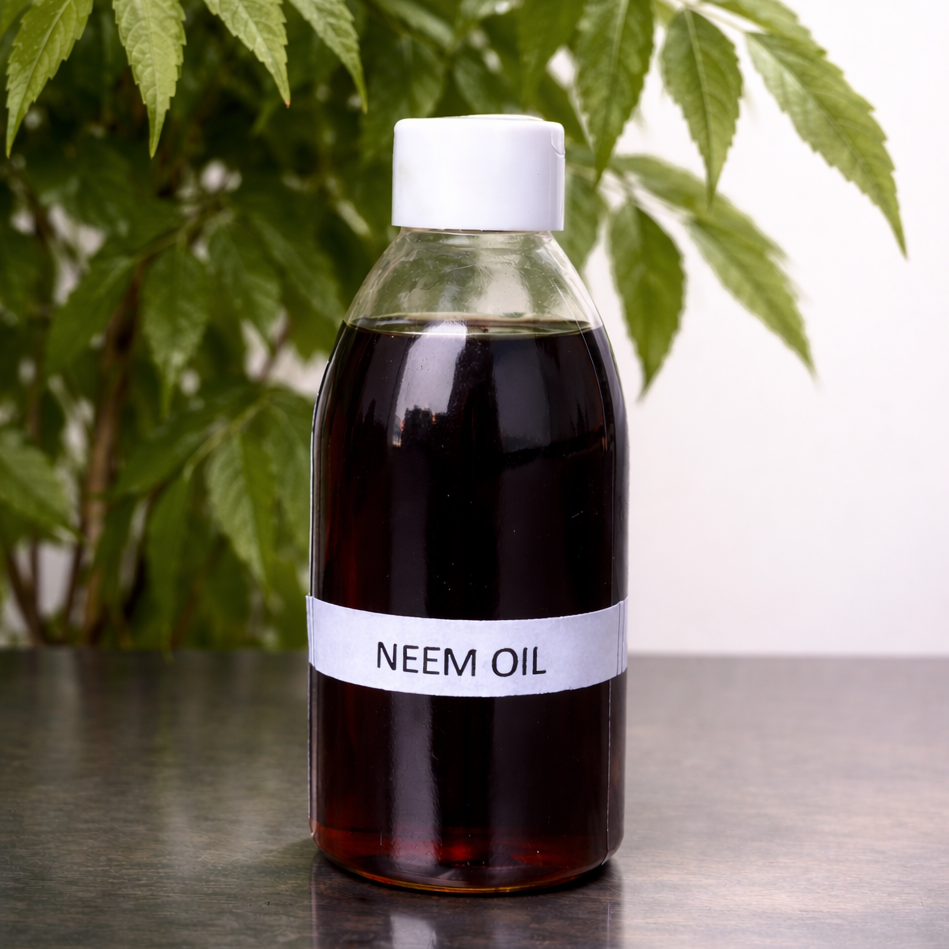 Bottle of neem oil with a plant in the background