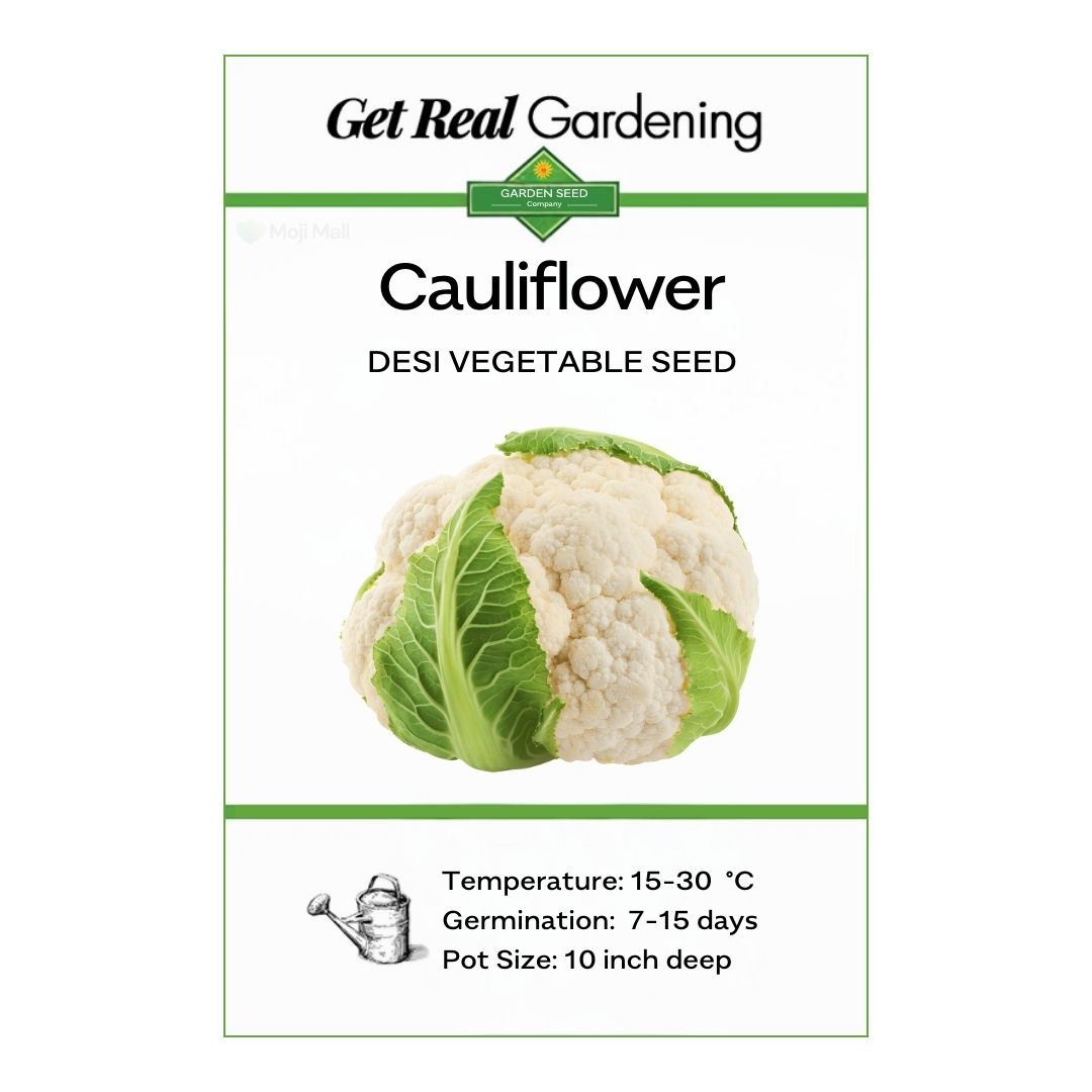 Cauliflower seed packet with branding and product details on a white background