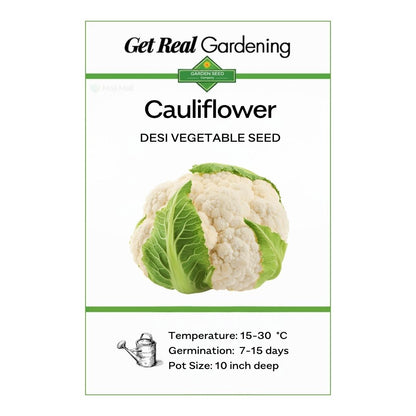 Cauliflower seed packet with branding and product details on a white background
