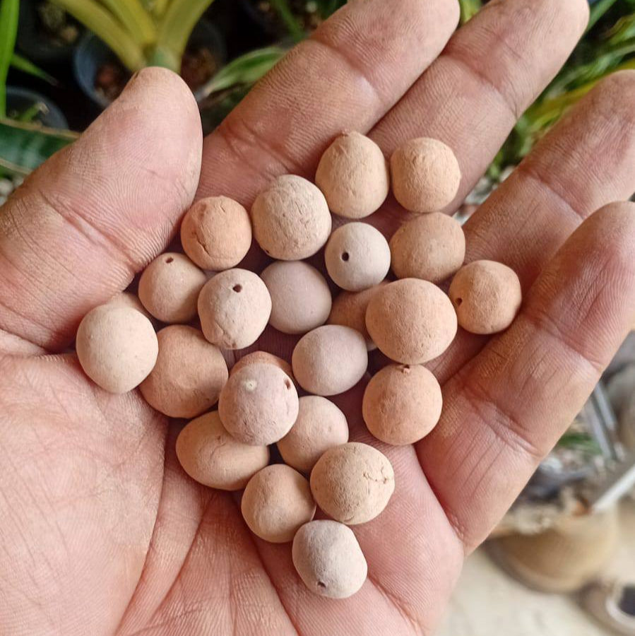 Hand holding clay balls with a blurred natural background