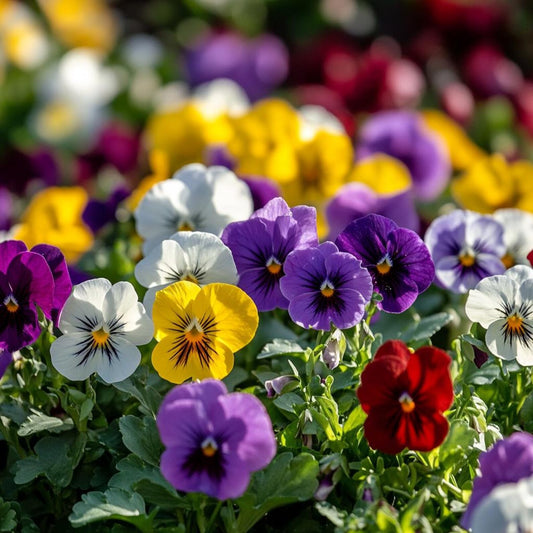 Multicolored Horned violet pansies in a garden setting with a blurred background