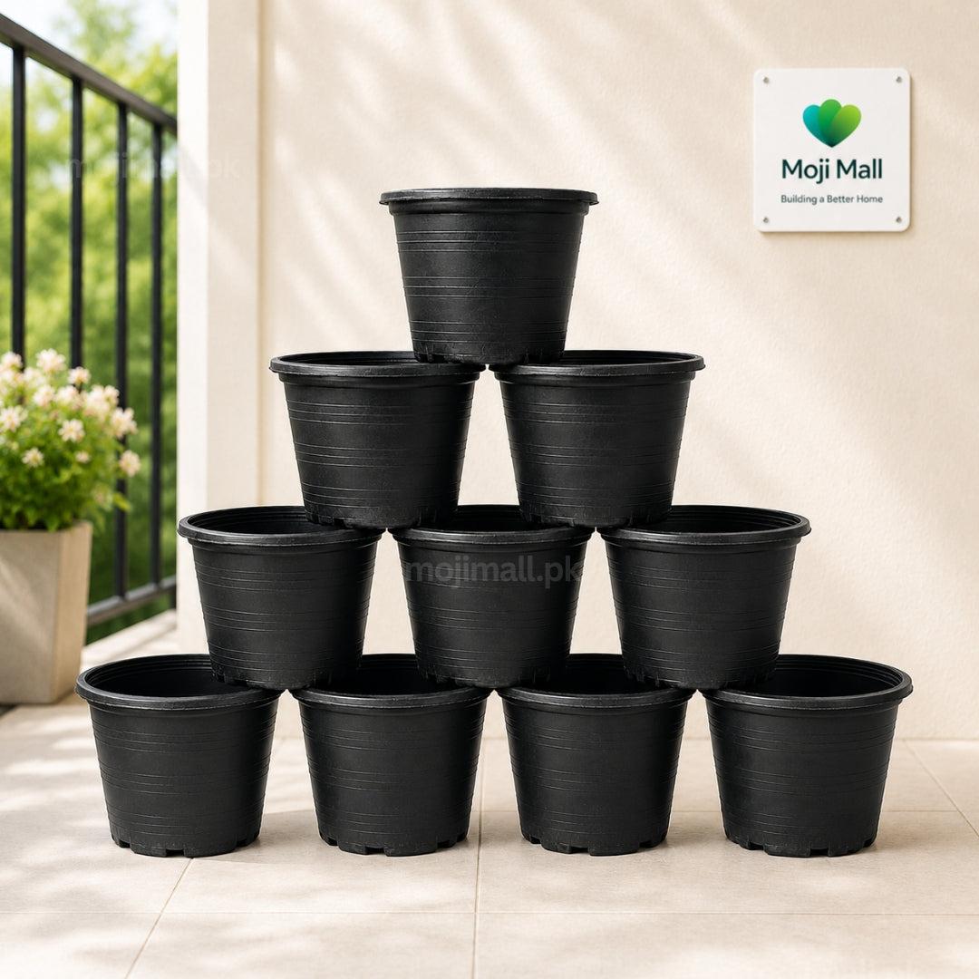 Five black plastic nursery pots stacked in a pyramid arrangement on a white background, with a Moji Mall logo in the top right corner.